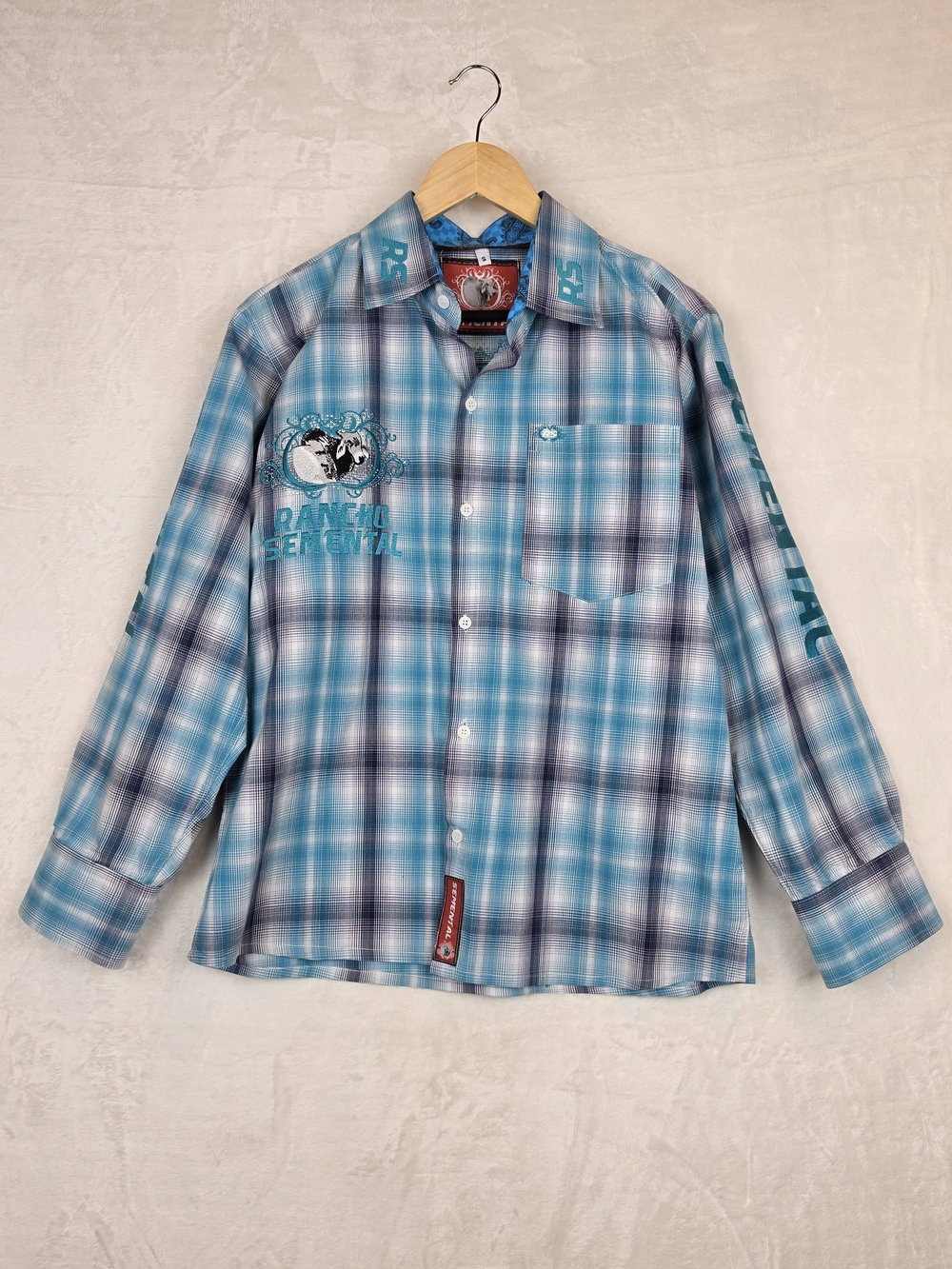 Rancho Semental Mens Small Plaid Western Shirt Embroidered Blue Rodeo Cotton